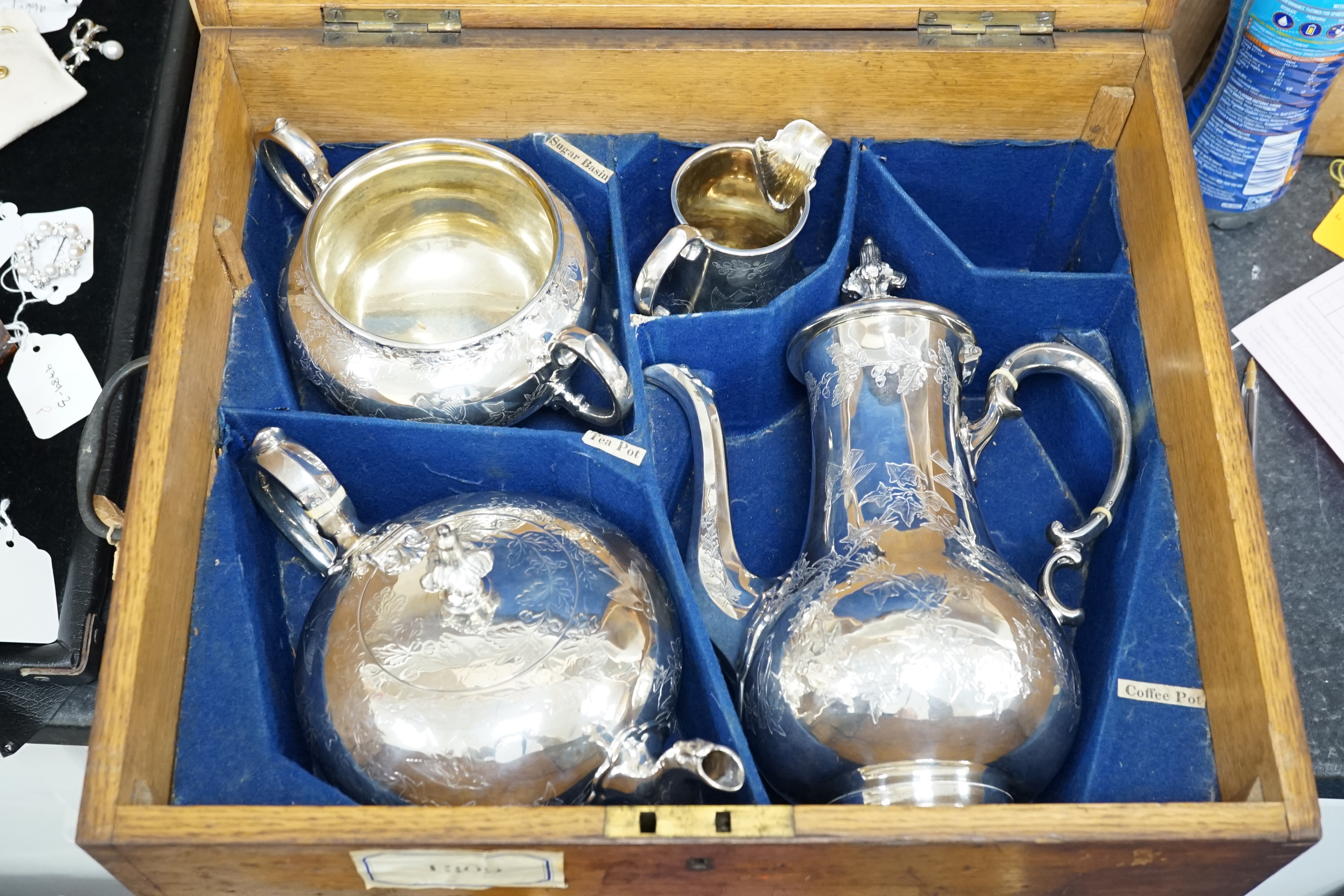 A cased Victorian silver four piece tea and coffee service by Daniel & Charles Houle